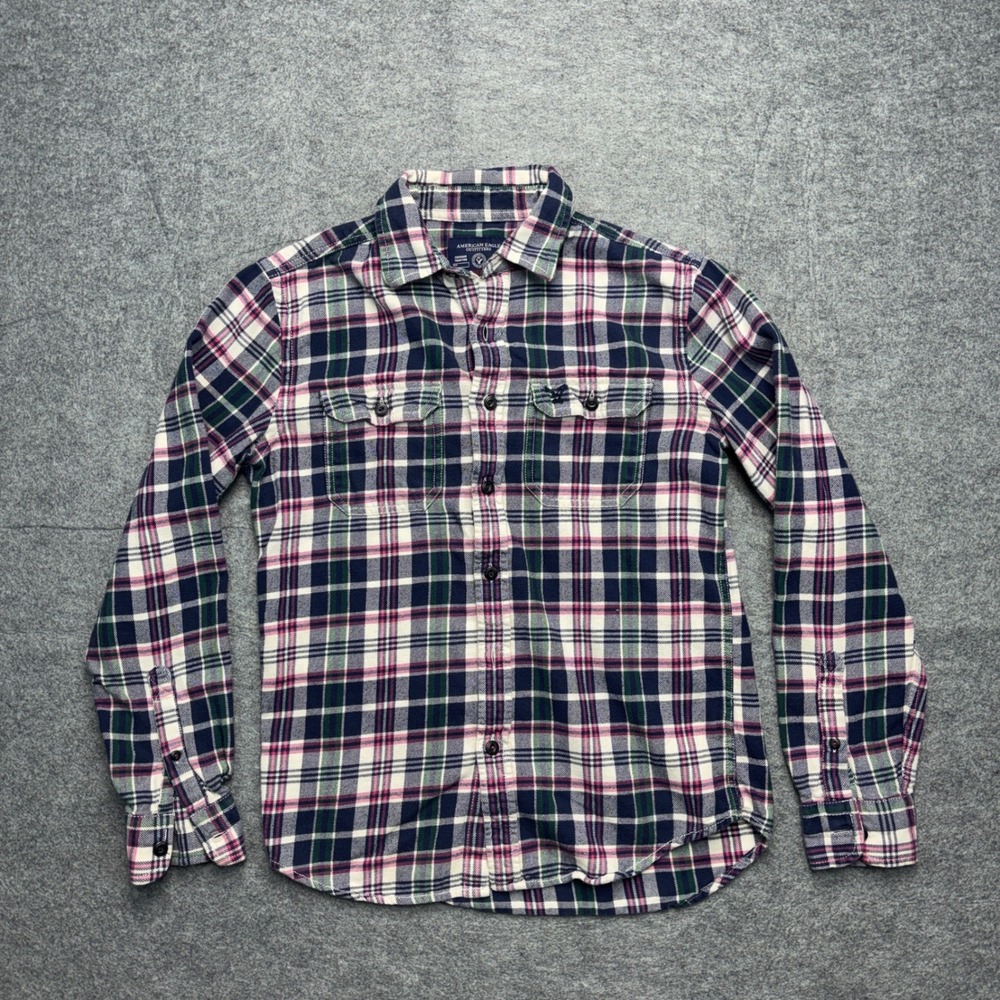 American Eagle Outfitters Mens Small Athletic Fit Plaid Flannel Shirt Navy Pink